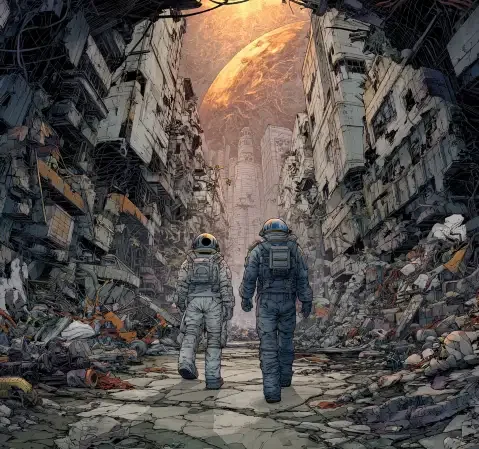 科幻漫画中太空站与星云的壮丽画面